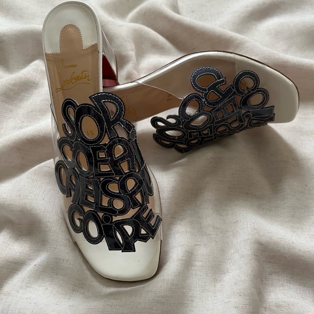Christian Louboutin rare clear PVC white and black mule sandals EU 37.5 US 7
